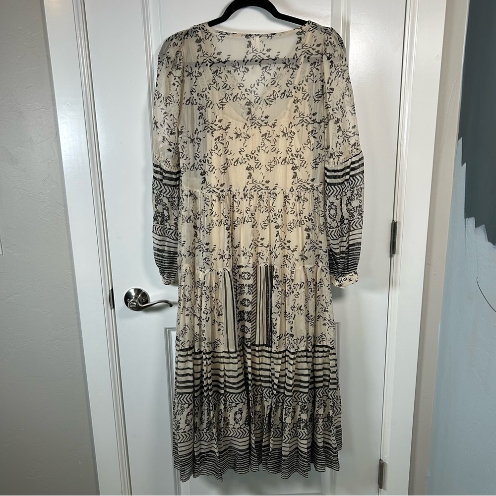 Anthropologie Talulah Cream and Black Ruched‎ Tiered Midi Dress Size XS Boho - Picture 12 of 16